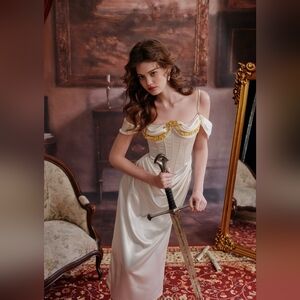 Elegant White and Gold Off-Shoulder Dress